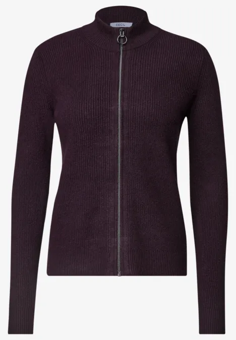 Cardigan femme côtelé violet foncé à col montant, manches longues, fermeture éclair intégrale.