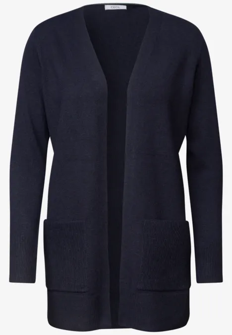 Langer Cardigan in offener Passform urban dark blue Dunkelblauer, offener Strickcardigan mit langen Ärmeln und zwei aufgesetzten Taschen.