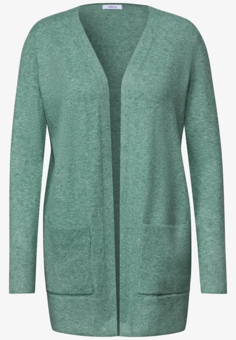 Langer Cardigan in offener Passform jewel green melange Grüner, offener Strickcardigan mit langen Ärmeln und aufgesetzten Taschen.