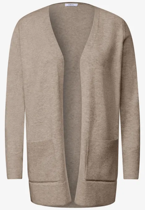 Langer Cardigan in offener Passform toffee cream melange Offener brauner Cardigan mit Taschen und langen Ärmeln