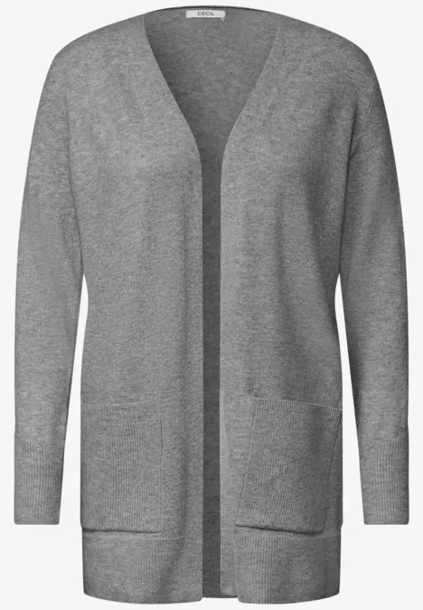 Langer Cardigan in offener Passform sporty grey melange Grau melierter, langärmliger Strick-Cardigan mit offenem Schnitt, V-Ausschnitt und aufgesetzten Taschen.
