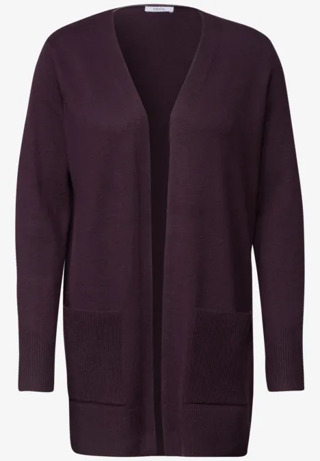 Langer Cardigan in offener Passform eggplant red melange Lila Strickcardigan mit offenem Vorderteil und Taschen, lange Ärmel.