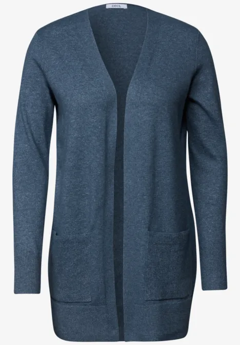 Cardigan long à la coupe ample cotton blue melange Long gilet en maille bleu-gris, ouvert, avec poches et col en V.