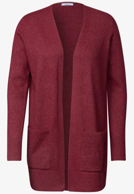 Langer Cardigan in offener Passform rhubarb melange Elegante, offene Damen-Strickjacke in weinrot mit langen Ärmeln und aufgesetzten Fronttaschen.