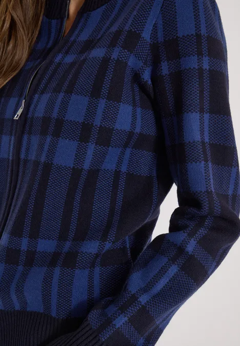Langarm Cardigan mit Rundhals und Zipper urban dark blue Blau-schwarzer Strickpullover mit Karomuster und halbem Reißverschluss.