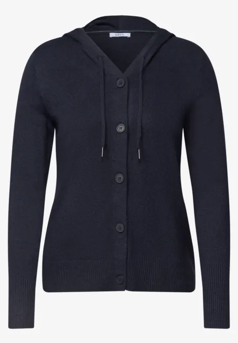 Dunkelblaue Strickjacke mit Knopfleiste und Kapuze.
