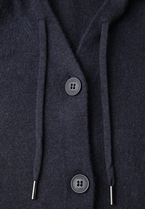 Dunkelblaue Strickjacke mit Kapuze, zwei Knöpfen und Kordeln