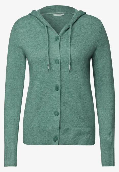 Langarm Cardigan mit Kapuze jewel green melange Grüner, langärmliger Strickcardigan mit Kapuze und Knopfleiste