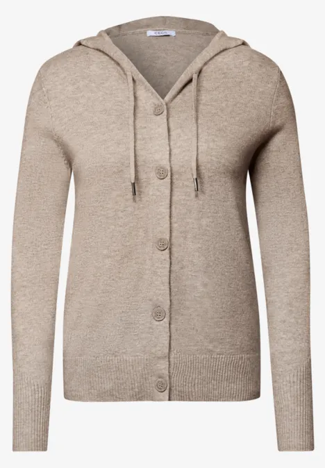 Langarm Cardigan mit Kapuze toffee cream melange Beiger, langärmliger Strick-Cardigan mit Knöpfen und Kapuze.