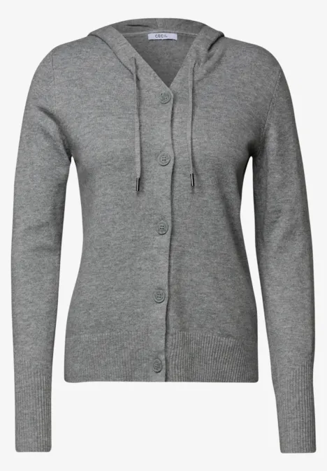 Langarm Cardigan mit Kapuze sporty grey melange Graue Strickjacke mit Kapuze und Knopfleiste, langärmlig.