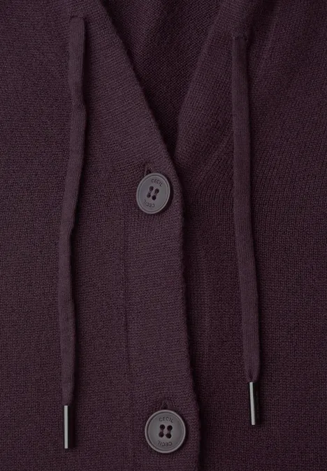 Langarm Cardigan mit Kapuze eggplant red melange Dunkellila Strickjacke mit Kapuze, Kordelzug und Knopfleiste.