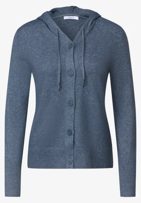 Blau melierter Kapuzen-Cardigan aus Strick mit Knopfleiste und Kordelzug.