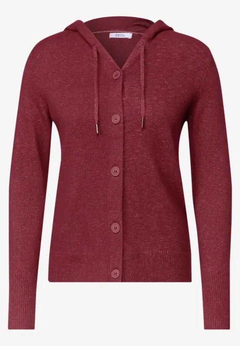 Roter Kapuzen-Strickcardigan mit Knöpfen, Brusttasche und Kordelzug.