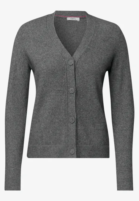 Antracietgrijs gebreid vest met V-hals, lange mouwen en knoopsluiting.