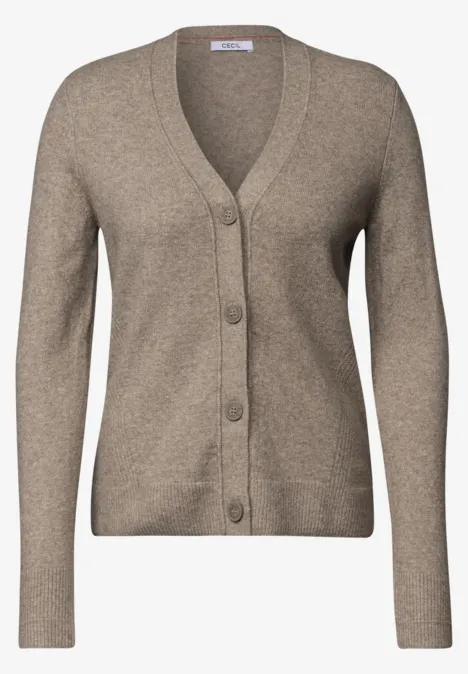 Beige gebreid vest met V-hals en knopen, lange mouwen, eenvoudig en elegant.