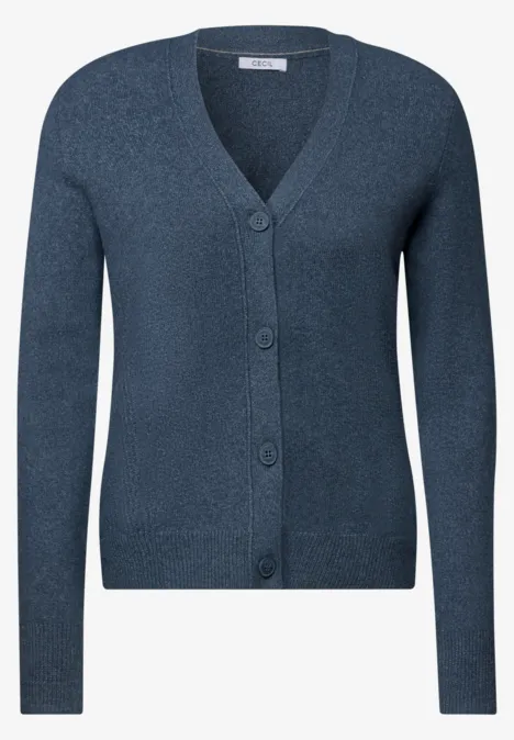 Schlichte, dunkelblaue Strickjacke für Damen mit V-Ausschnitt und Knopfleiste.
