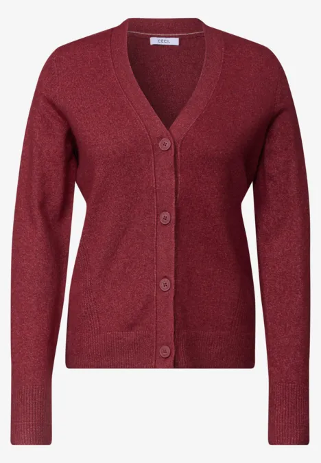 Bordeauxrood vest met V-hals, knopen en lange mouwen.