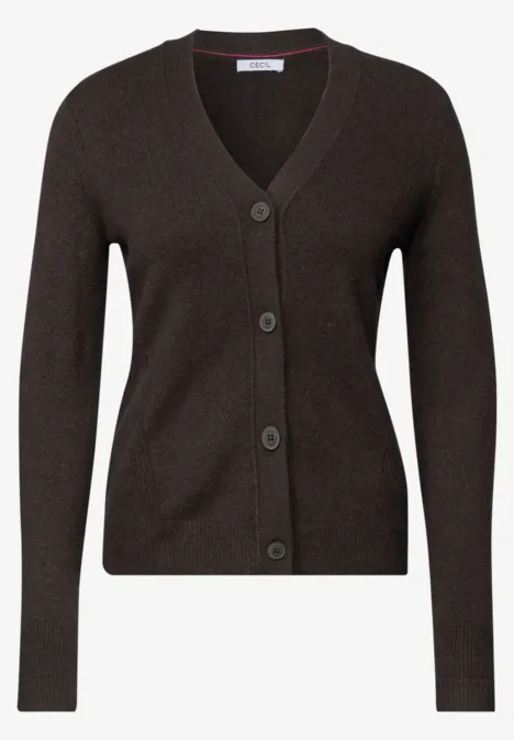 Dunkelbrauner Cardigan mit V-Ausschnitt, langen Ärmeln und drei Knöpfen.