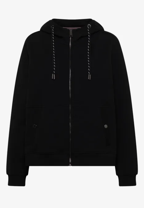 Schwarze Kapuzenjacke mit Reißverschluss, Kordelzug und aufgesetzten Taschen, lässig und vielseitig.