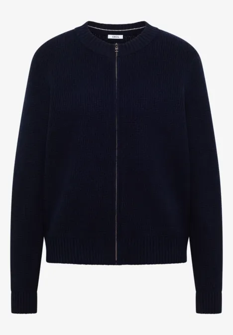 Dunkelblauer, schlichter Strickcardigan mit Reißverschluss und Rundhalsausschnitt.