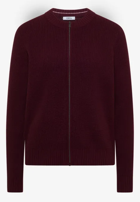 Dunkelrotes, fein geripptes Zip-Cardigan mit Rundhals und durchgehendem Reißverschluss