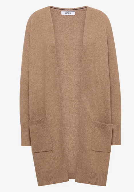 Langer Cardigan in offener Passform creamy mocha melange Braune, offene Strickjacke mit langen Ärmeln und aufgesetzten Taschen.