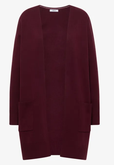 Langer Cardigan in offener Passform red wine Damen-Strickjacke in Weinrot, offen geschnitten mit langen Ärmeln und aufgesetzten Taschen.