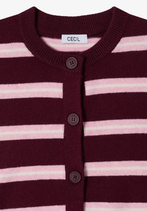 Bordeauxroter Strickcardigan mit rosa und hellen Streifen, Rundhalsausschnitt und drei Knöpfen von Cecil.