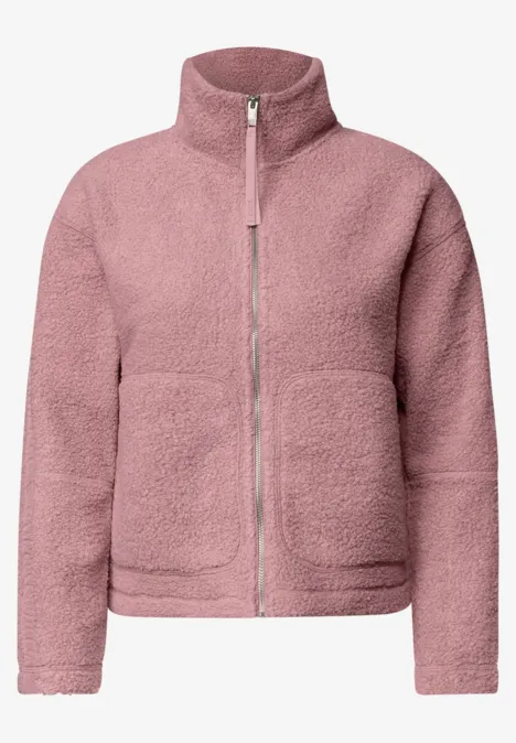 Rosafarbene Teddy-Fleece-Jacke mit durchgehendem Reißverschluss und Stehkragen.