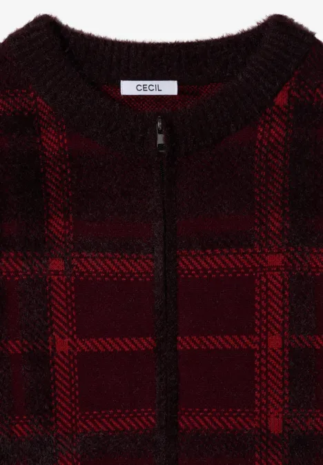 Federgarn Cardigan mit Rundhals red wine Roter und schwarzer kariertes Strick-Cardigan mit Reißverschluss und Rundhalsausschnitt.