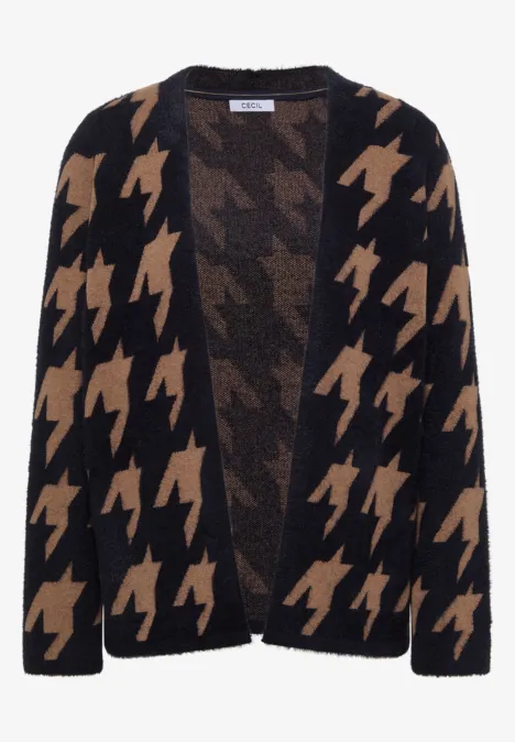 Offener Strickcardigan mit großem Hahnentrittmuster in Schwarz und Braun