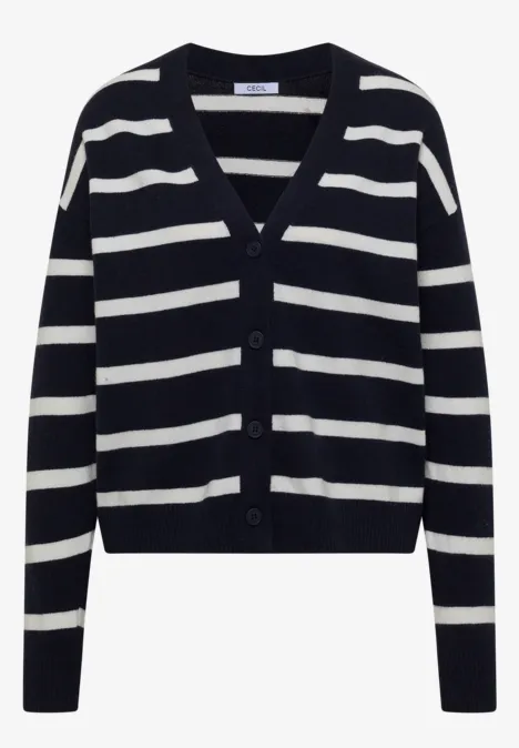 Vest met V-hals en strepen urban dark blue melange Dunkelblaue Strickjacke mit weißen Streifen und Knöpfen vorne.