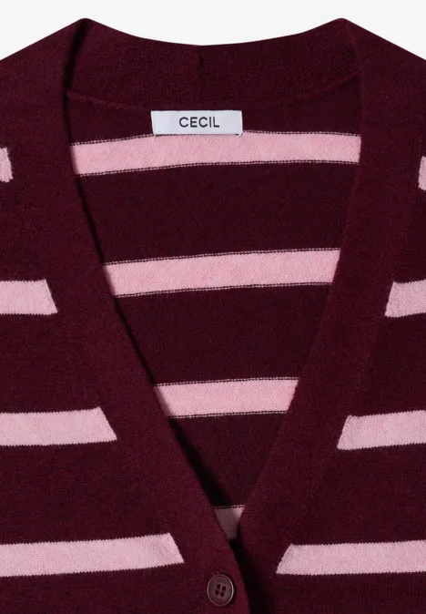 Vest met V-hals en strepen red wine melange Dunkelroter Cardigan mit rosa Streifen, V-Ausschnitt und Knopfleiste.