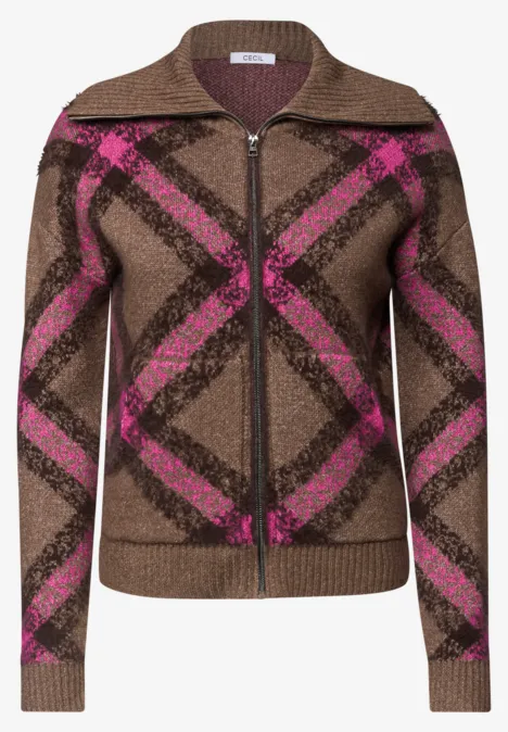 Federgarn Cardigan mit Troyerkragen pink flash Brauner Strick-Cardigan mit Reißverschluss und rosafarbenem Rautenmuster.