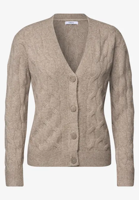 Beiger Damen-Cardigan mit Zopfmuster, V-Ausschnitt, langen Ärmeln und Knopfleiste.
