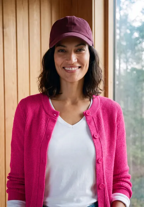 Eine Frau in pinkem Cardigan und Cap lächelt vor Holzwand und Fenster.