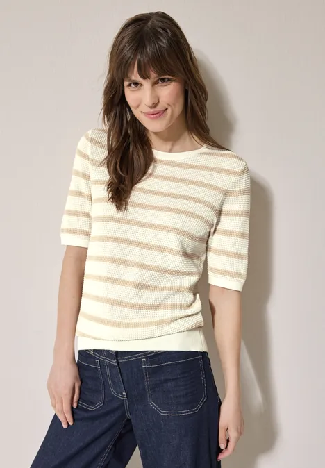 Gestreifter Strukturpullover pearl beige