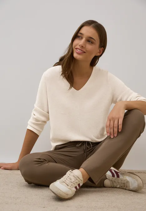 V-Neck Strickpullover oat milk beige melange
