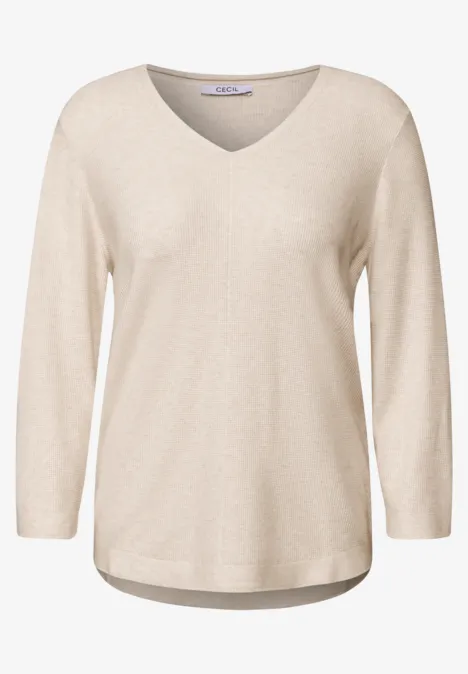 Pull en tricot col V oat milk beige melange