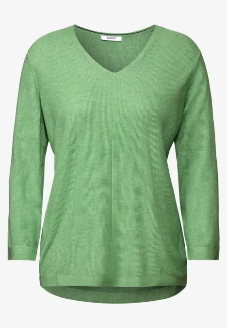Pull en tricot col V fennel green melange