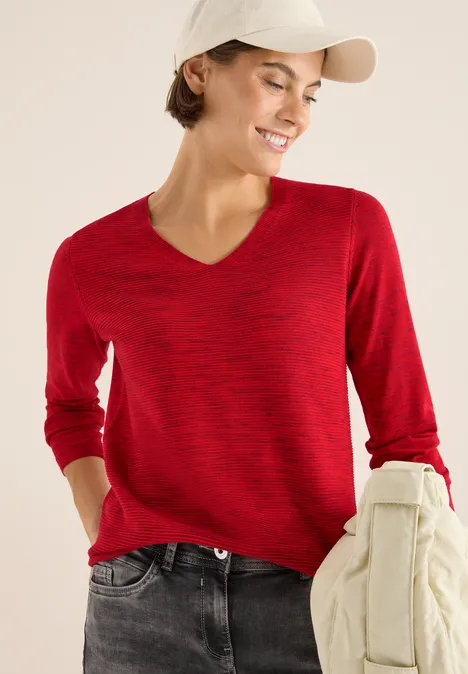 V-Neck Pullover fiery red heather melange