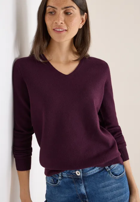 Pull douillet à col en V eggplant red