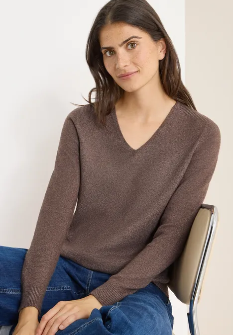 Pull douillet à col en V mushroom taupe melange