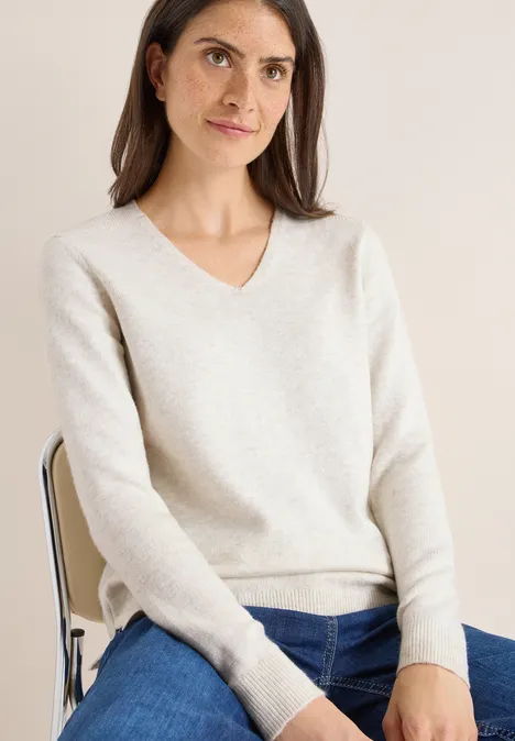 Pull douillet à col en V eggshell melange
