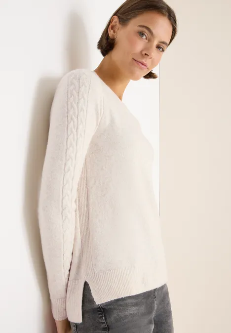 Pullover mit Strickdetail oat milk beige melange