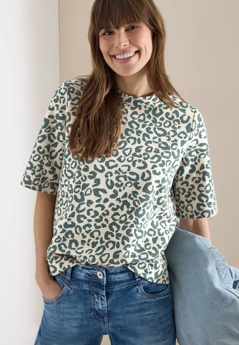 Kurzarm Sweatshirt mit Leo-Print macadamia beige Kurzarm Sweatshirt mit Leo-Print macadamia beige