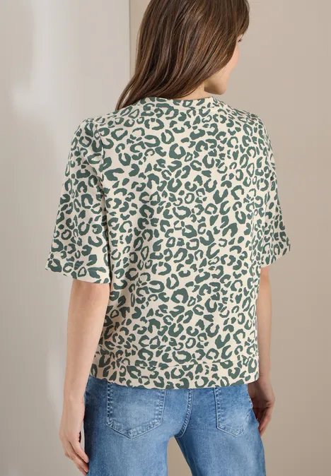 Kurzarm Sweatshirt mit Leo-Print macadamia beige Kurzarm Sweatshirt mit Leo-Print macadamia beige