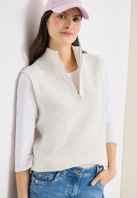 Pullunder im Crochet-Look mit Zipper raw sand beige