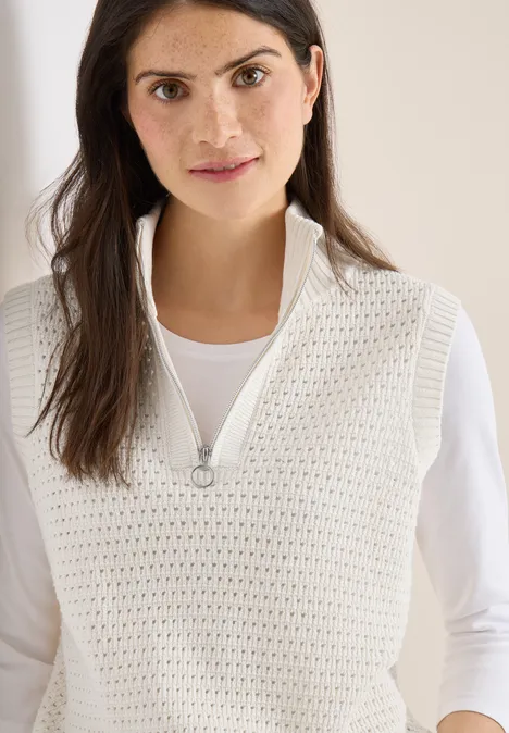 Pullunder im Crochet-Look mit Zipper raw sand beige