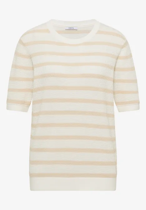 Kurzarm Pullover mit Struktur und Streifen pearl beige Kurzarm Pullover mit Struktur und Streifen pearl beige
